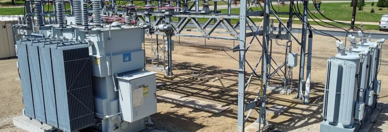Power transformers, insulators and electrical equipment at an outdoor substation in Wisconsin.