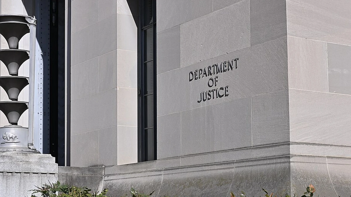 Department of Justice lettering on the facade of the Robert F. Kennedy Department of Justice Building in Washington, D.C.