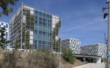 The glass-and-steel International Criminal Court headquarters in The Hague, Netherlands.