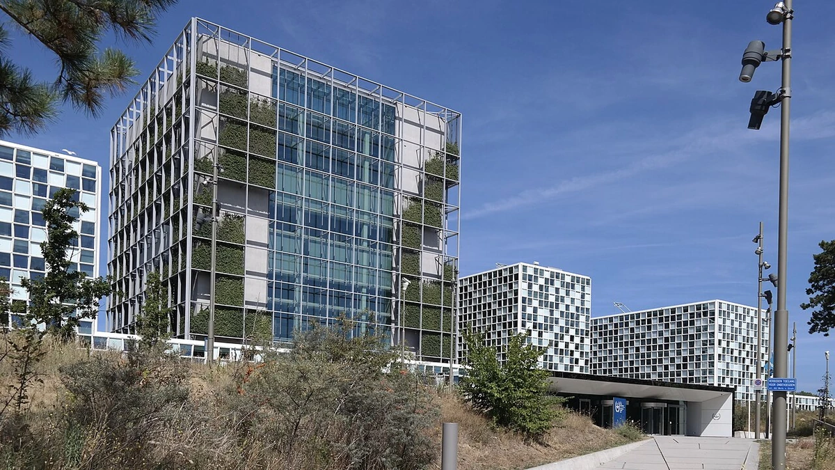 The glass-and-steel International Criminal Court headquarters in The Hague, Netherlands.