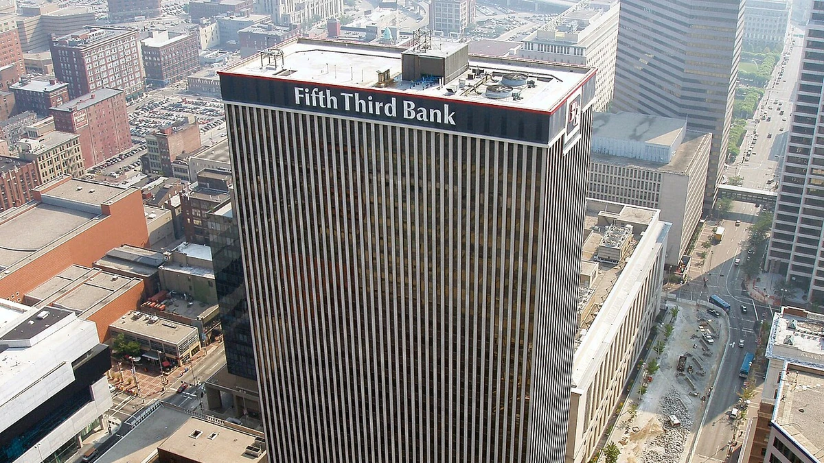 Aerial view of the Fifth Third Bank headquarters tower in Cincinnati, with the bank name visible near the roof.