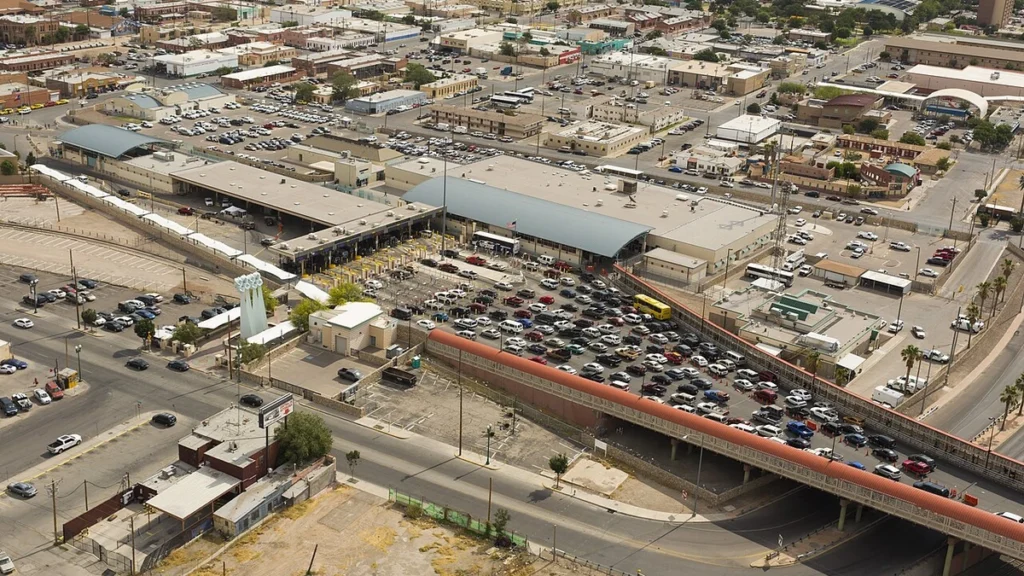 Aerial view of vehicle inspection lanes and traffic at the Paso del Norte Port of Entry in El Paso, Texas.