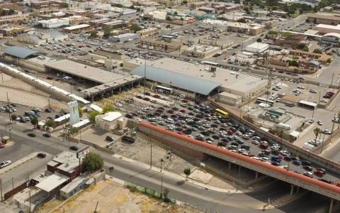 Aerial view of vehicle inspection lanes and traffic at the Paso del Norte Port of Entry in El Paso, Texas.