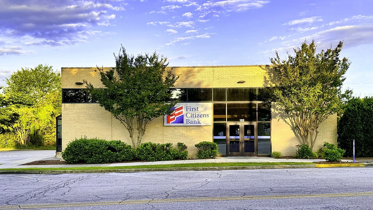 Exterior of a First Citizens Bank branch in Toccoa, Georgia, with the bank sign above the entrance.