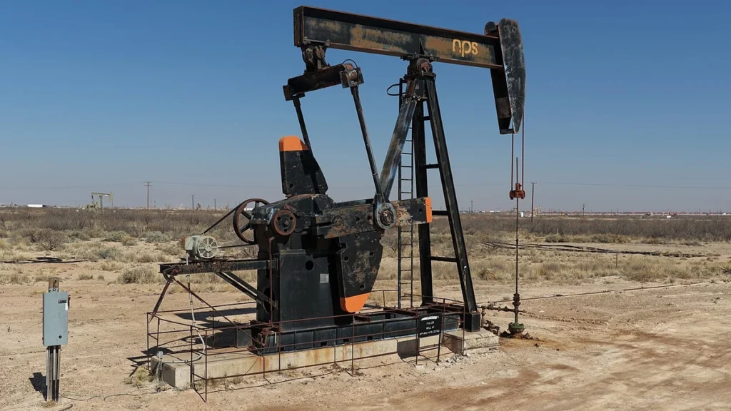 Oil pumpjack operating in the Permian Basin near Monahans, Texas.