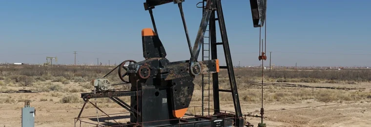 Oil pumpjack operating in the Permian Basin near Monahans, Texas.