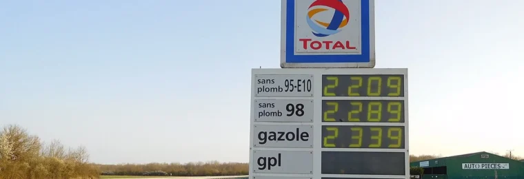 Total-branded roadside fuel-price sign showing petrol and diesel prices near Tracy-sur-Loire, France.