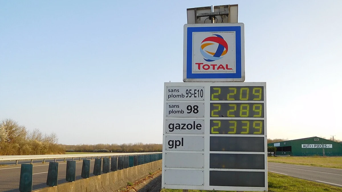 Total-branded roadside fuel-price sign showing petrol and diesel prices near Tracy-sur-Loire, France.