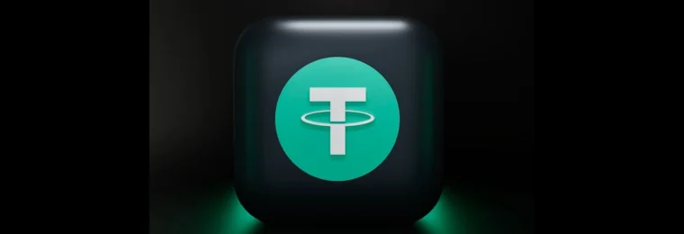 Tether (USDT) 3D icon illustration centered on a dark background.