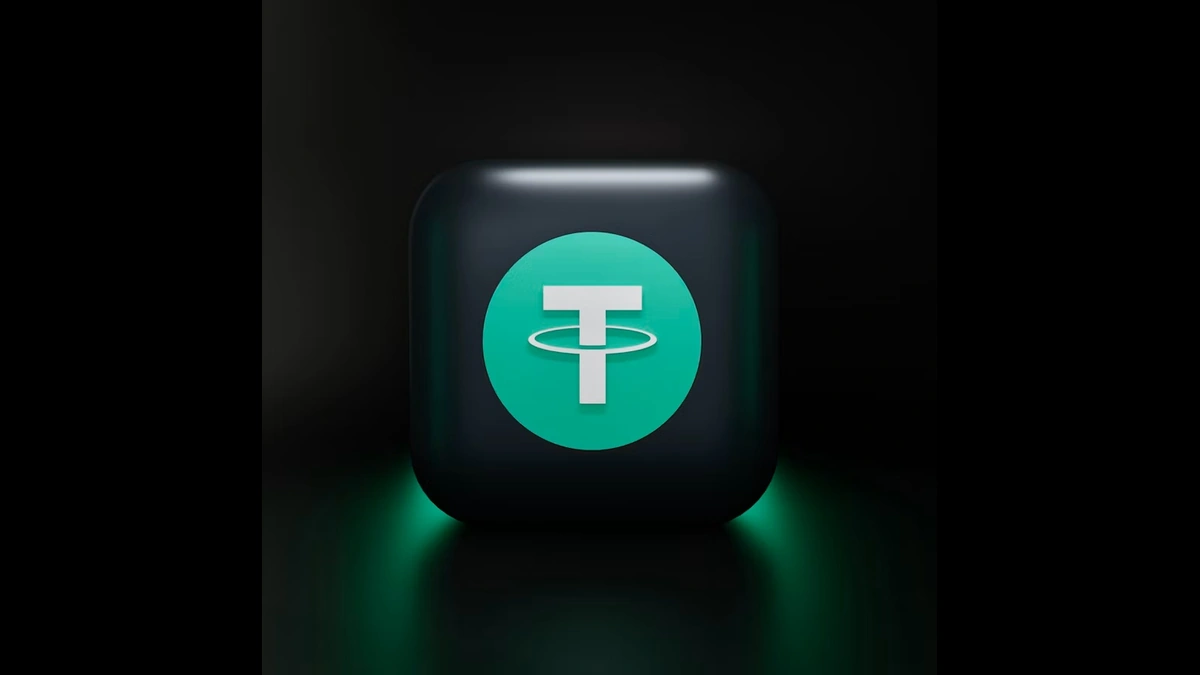 Tether (USDT) 3D icon illustration centered on a dark background.