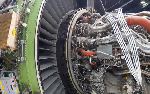 Close-up of a GE GEnx aircraft engine with visible fan blades and exposed piping at the 2011 Paris Air Show.