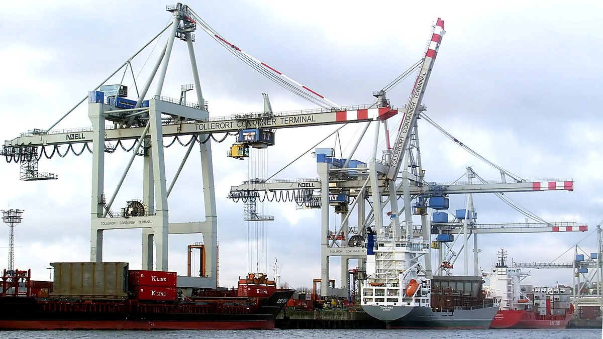 Container ships moored beneath large loading cranes at Container Terminal Tollerort in the Port of Hamburg, Germany.