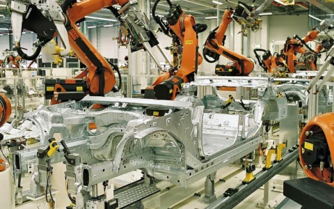 Orange industrial robots working on silver car bodies inside the BMW manufacturing plant in Leipzig, Germany.