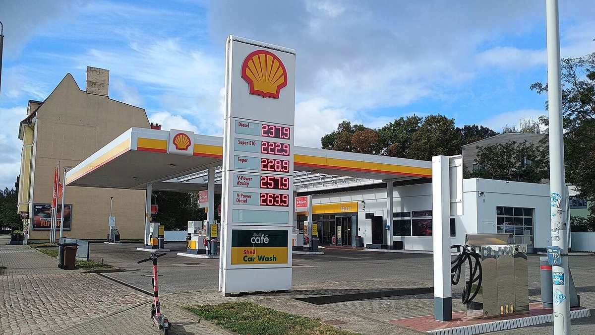 Fuel price sign at a Shell petrol station in Magdeburg, Germany.