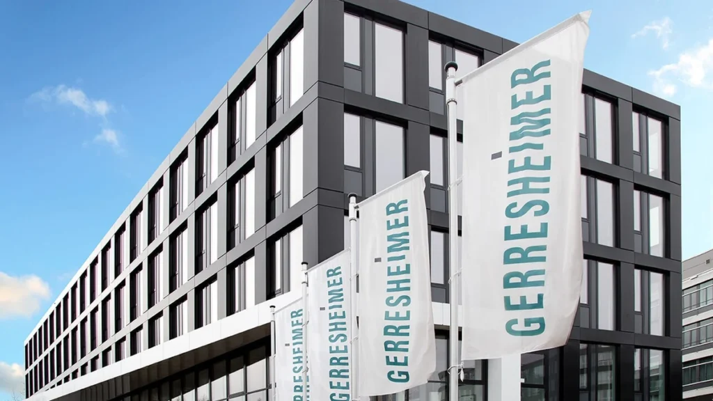 Gerresheimer AG headquarters in Düsseldorf with Gerresheimer flags outside.