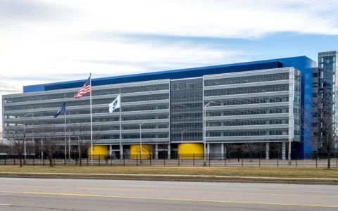 General Motors Technical Center building in Warren, Michigan, with flags outside.