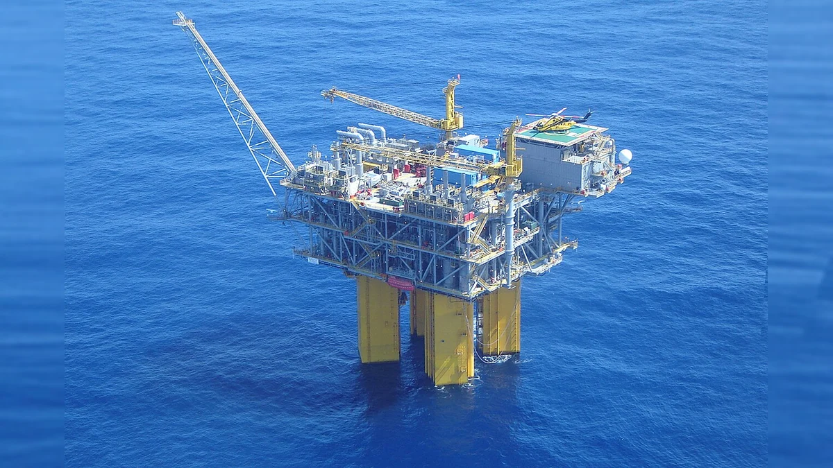 Aerial photograph of the BHP-Shenzi deepwater offshore production platform surrounded by Gulf of Mexico waters.