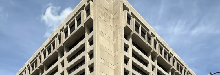 Low-angle view of the International Monetary Fund headquarters building in Washington, D.C.