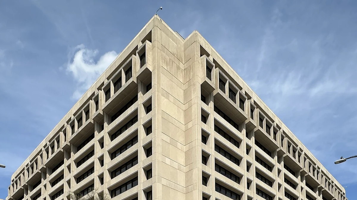 Low-angle view of the International Monetary Fund headquarters building in Washington, D.C.