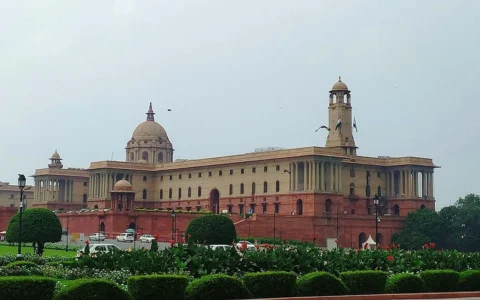 North Block of the Central Secretariat in New Delhi, with gardens in the foreground.