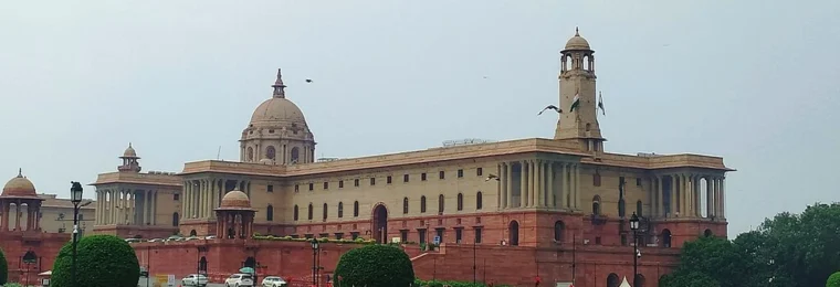 North Block of the Central Secretariat in New Delhi, with gardens in the foreground.