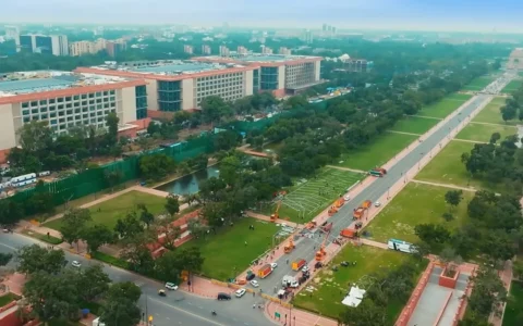 Aerial view of Kartavya Bhavan government buildings and Central Vista in New Delhi.