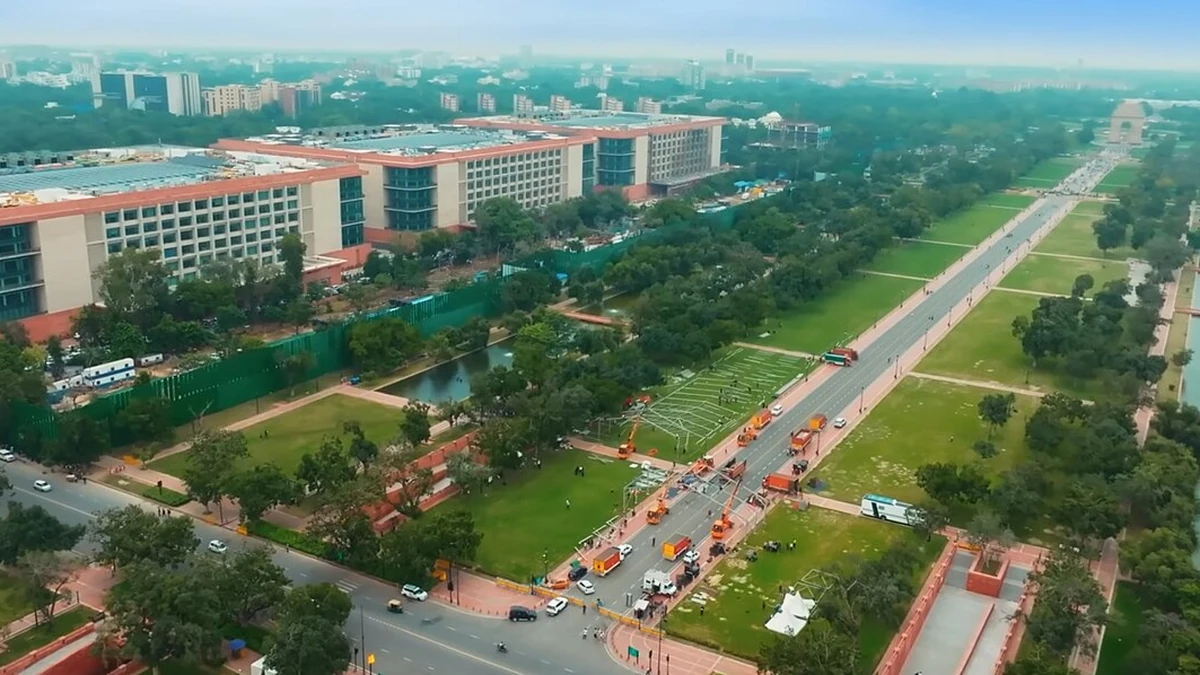 Aerial view of Kartavya Bhavan government buildings and Central Vista in New Delhi.