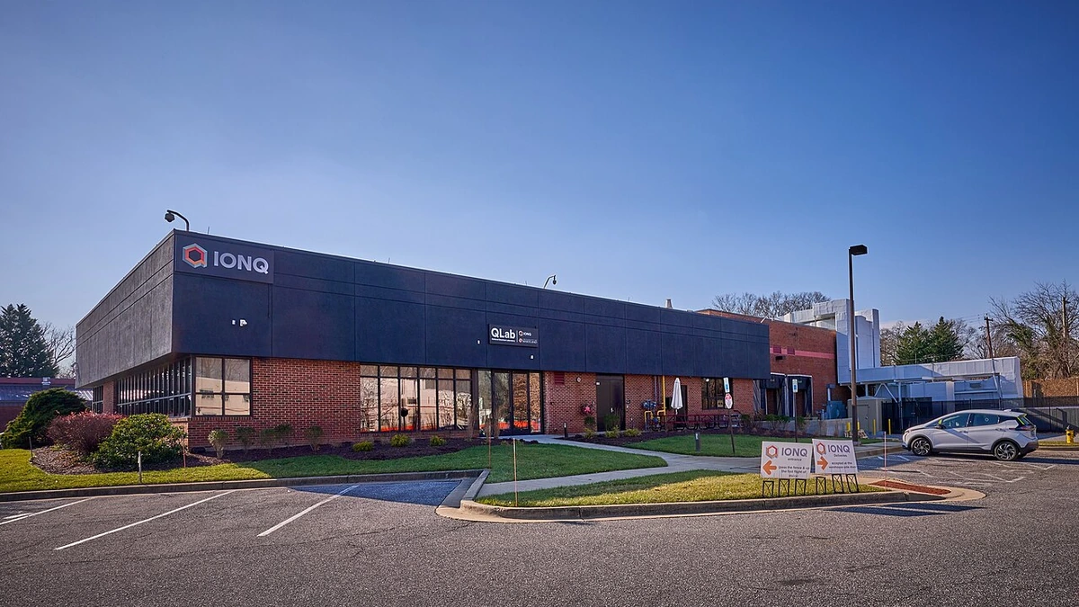 IonQ headquarters building in College Park, Maryland, with the company sign above the entrance.