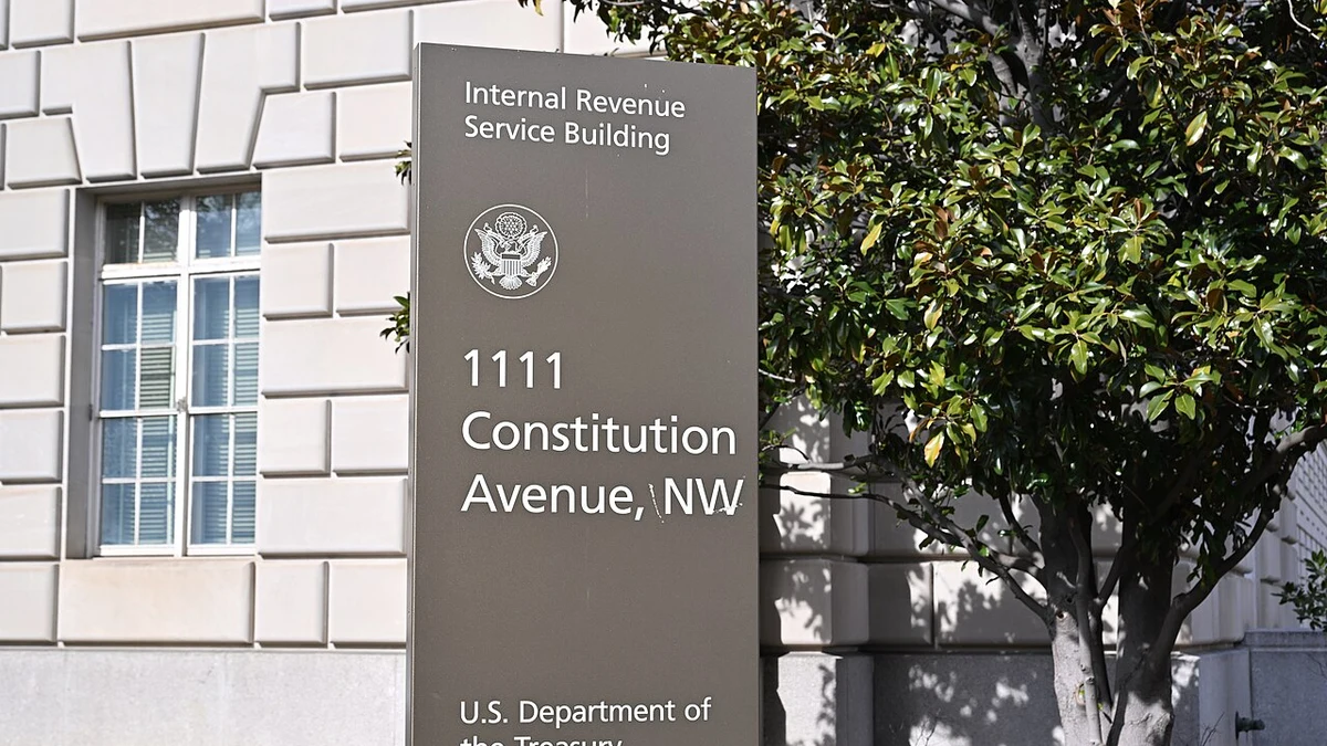 Close-up of a sign outside the Internal Revenue Service building at 1111 Constitution Avenue NW in Washington, D.C.