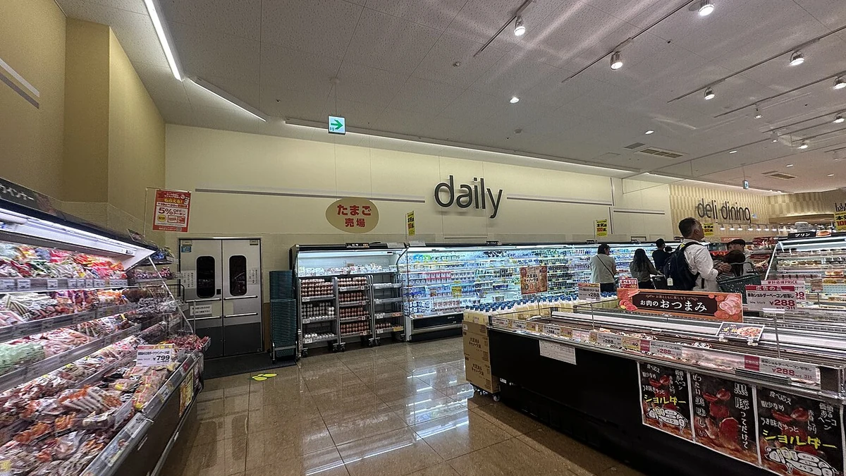 Refrigerated groceries and food displays inside a supermarket in Kanagawa Prefecture, Japan.