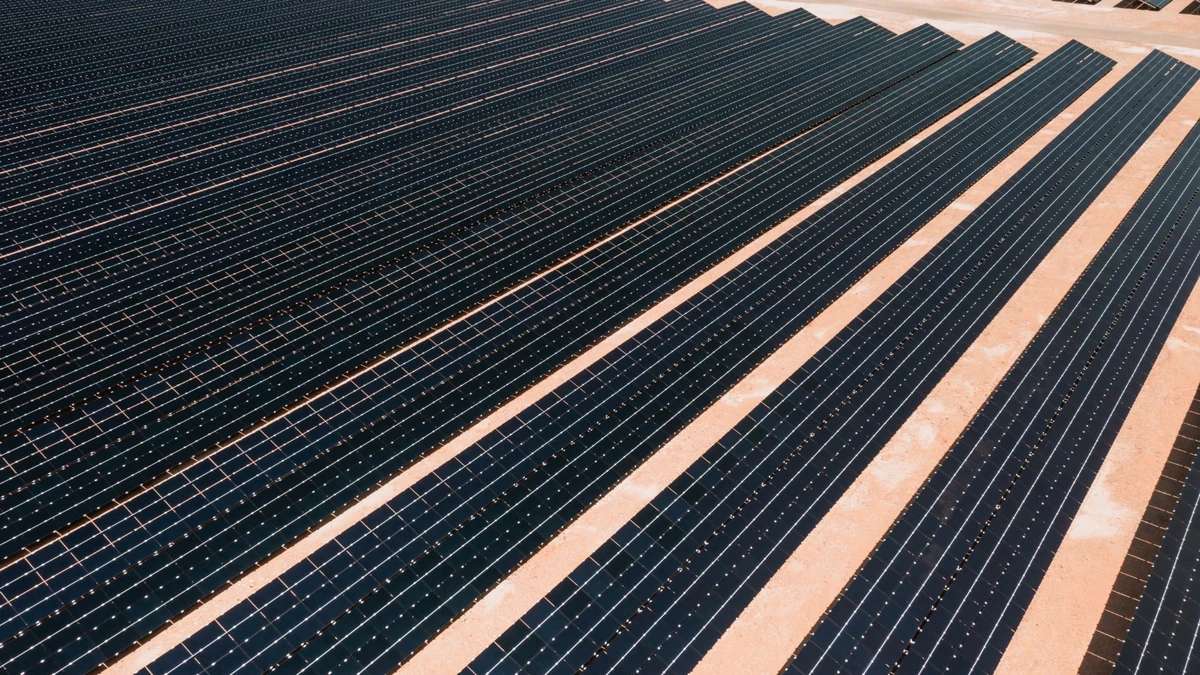 Rows of solar panels at a utility-scale solar farm.