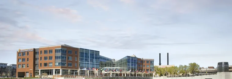 ManpowerGroup world headquarters building beside the Milwaukee River in Milwaukee, Wisconsin.