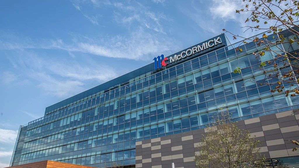 McCormick & Company headquarters in Hunt Valley, Maryland, with the McCormick sign visible on the building.
