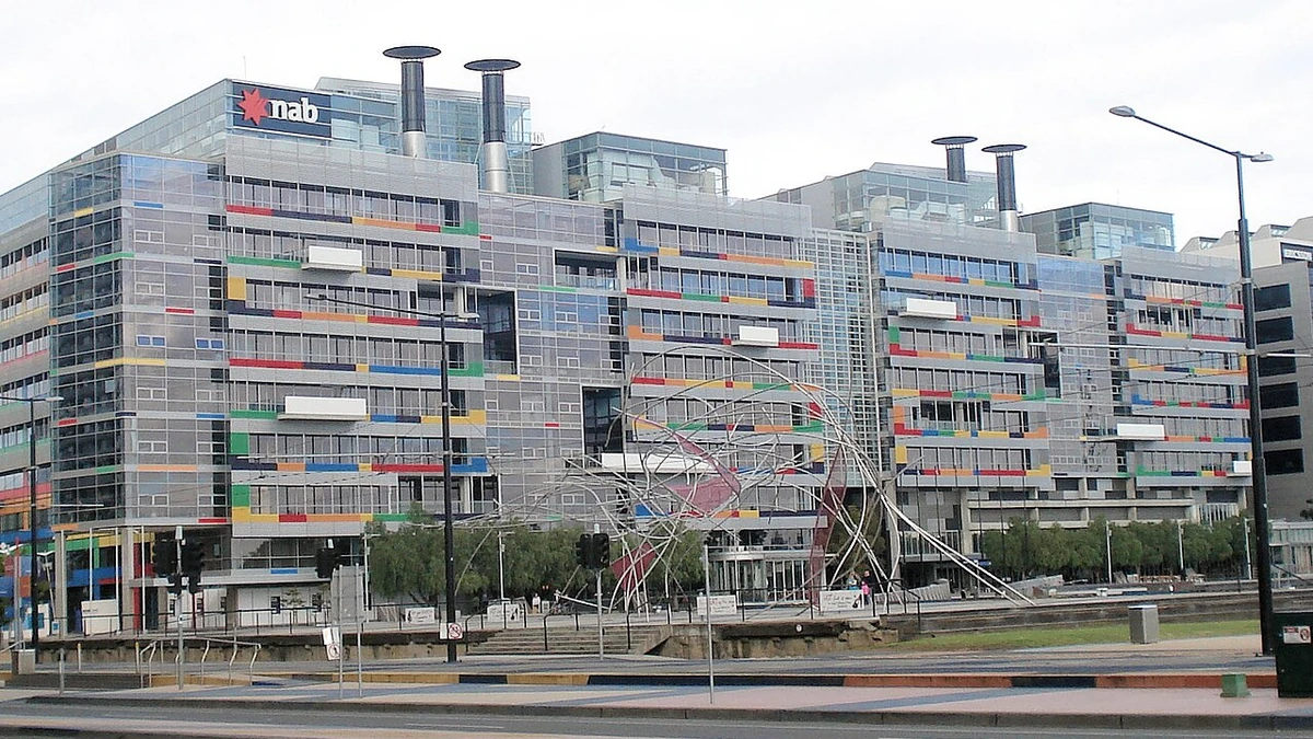National Australia Bank office building in Melbourne Docklands with NAB signage on the facade.