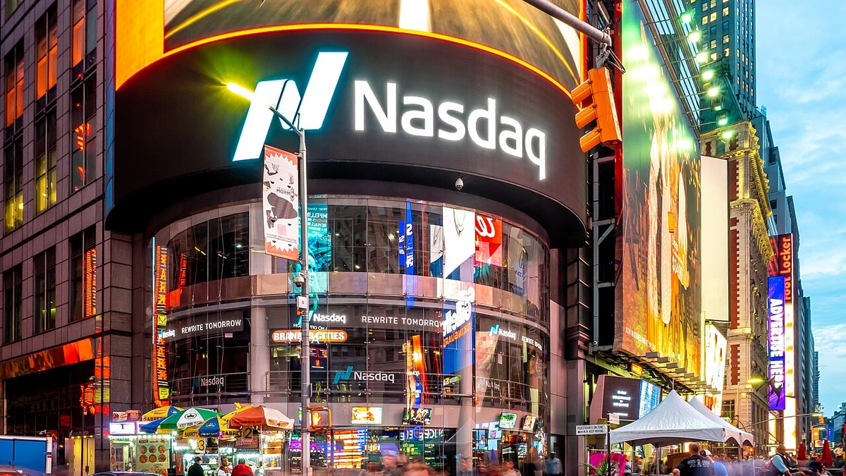 Illuminated Nasdaq sign on the Nasdaq MarketSite building in Times Square, New York City.