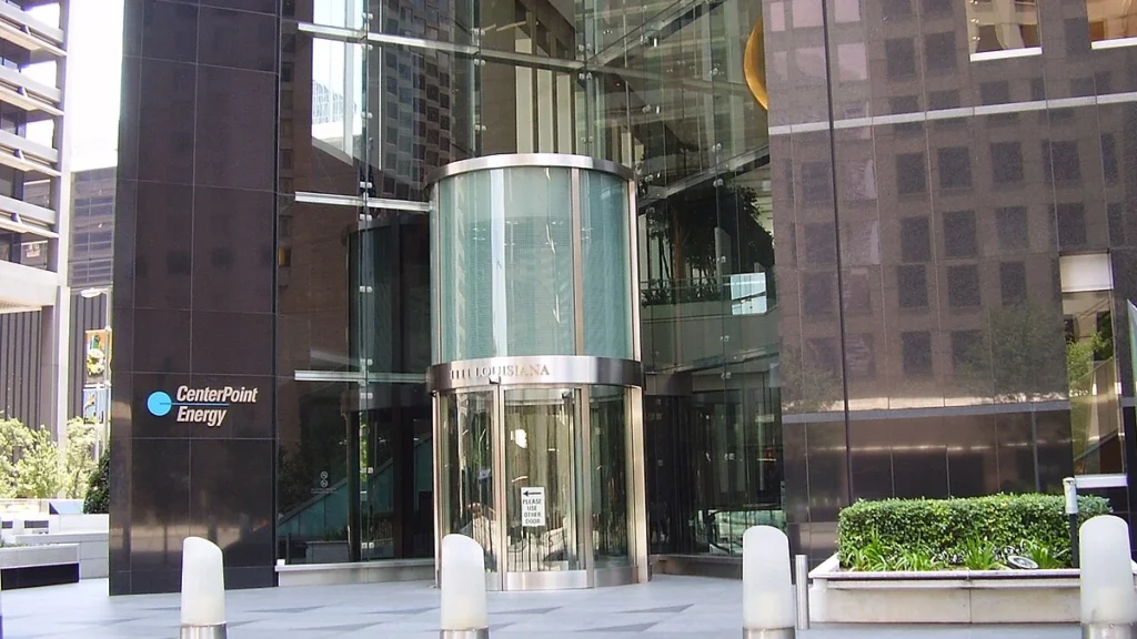CenterPoint Energy headquarters in Houston with the company logo visible beside the entrance.