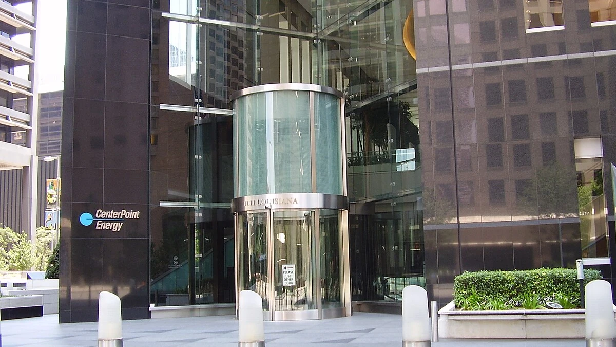 CenterPoint Energy headquarters in Houston with the company logo visible beside the entrance.