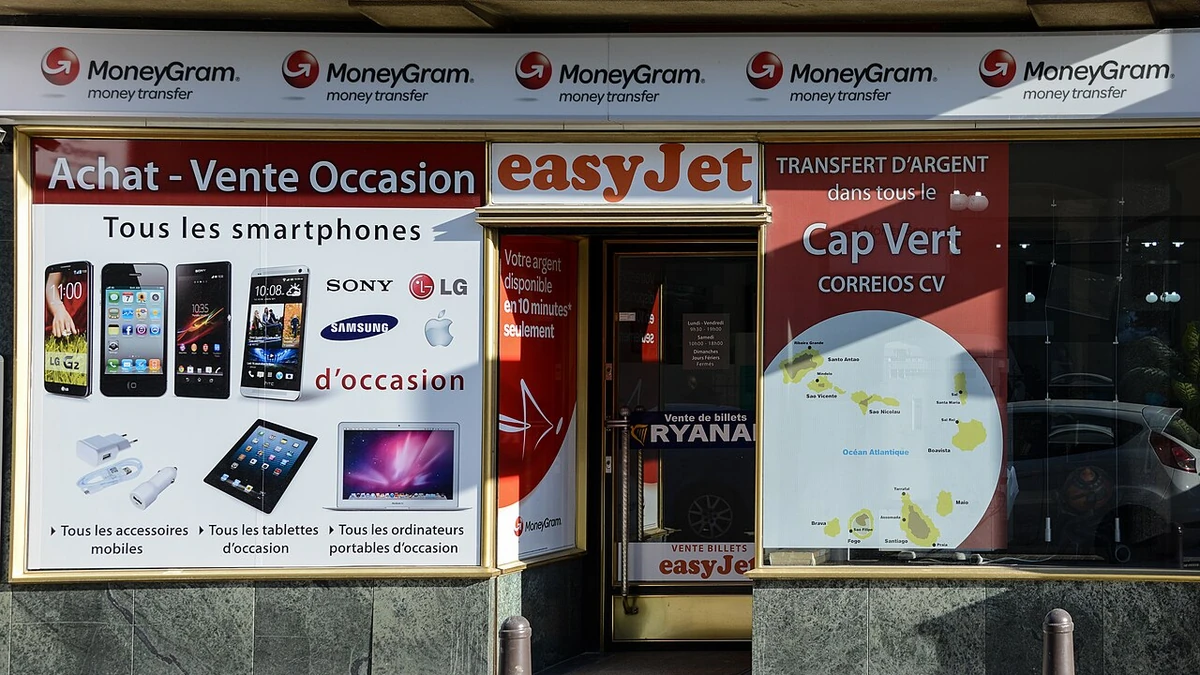 MoneyGram storefront signage at a money-transfer shop on Rue de Reims in Luxembourg City.
