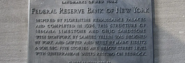 Federal Reserve Bank of New York plaque on the bank's 33 Liberty Street building in Manhattan.