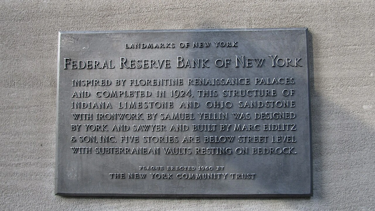 Federal Reserve Bank of New York plaque on the bank's 33 Liberty Street building in Manhattan.