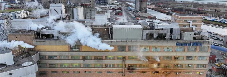Aerial view of the General Mills cereal manufacturing plant in Buffalo, New York.