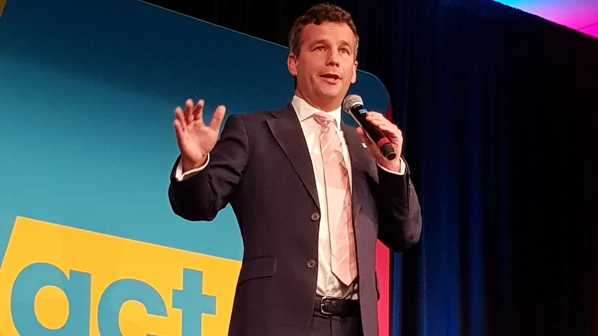 David Seymour speaking into a microphone in front of ACT Party signage at a 2023 party meeting in Palmerston North.