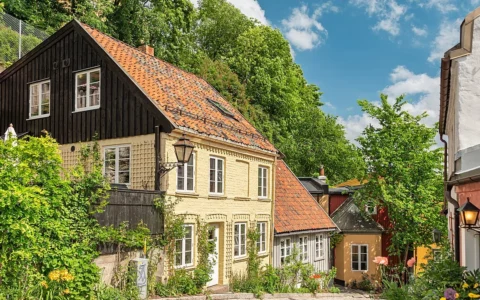 Traditional wooden and painted residential houses along a cobblestone street in Oslo, Norway.