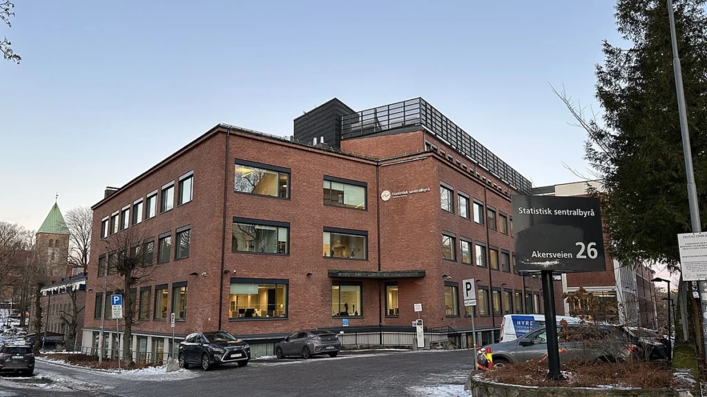 Statistics Norway office building at Akersveien 26 in Oslo, with agency signage and a parking area.