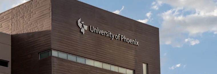 University of Phoenix signage and logo on a campus building in Phoenix, Arizona.