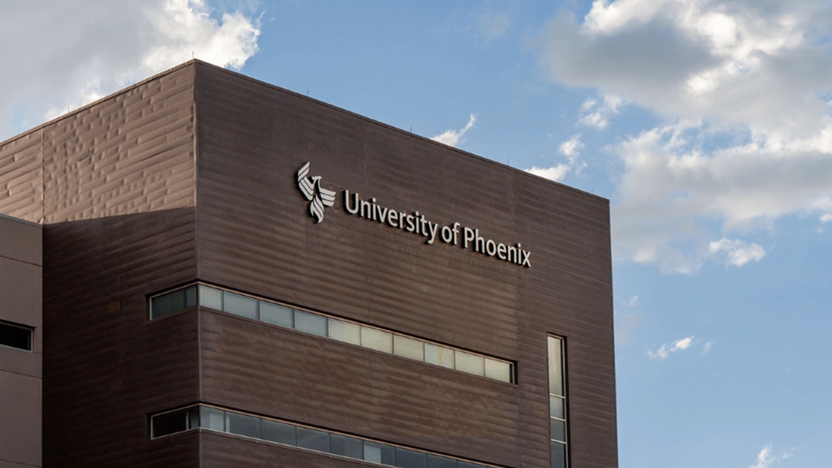 University of Phoenix signage and logo on a campus building in Phoenix, Arizona.