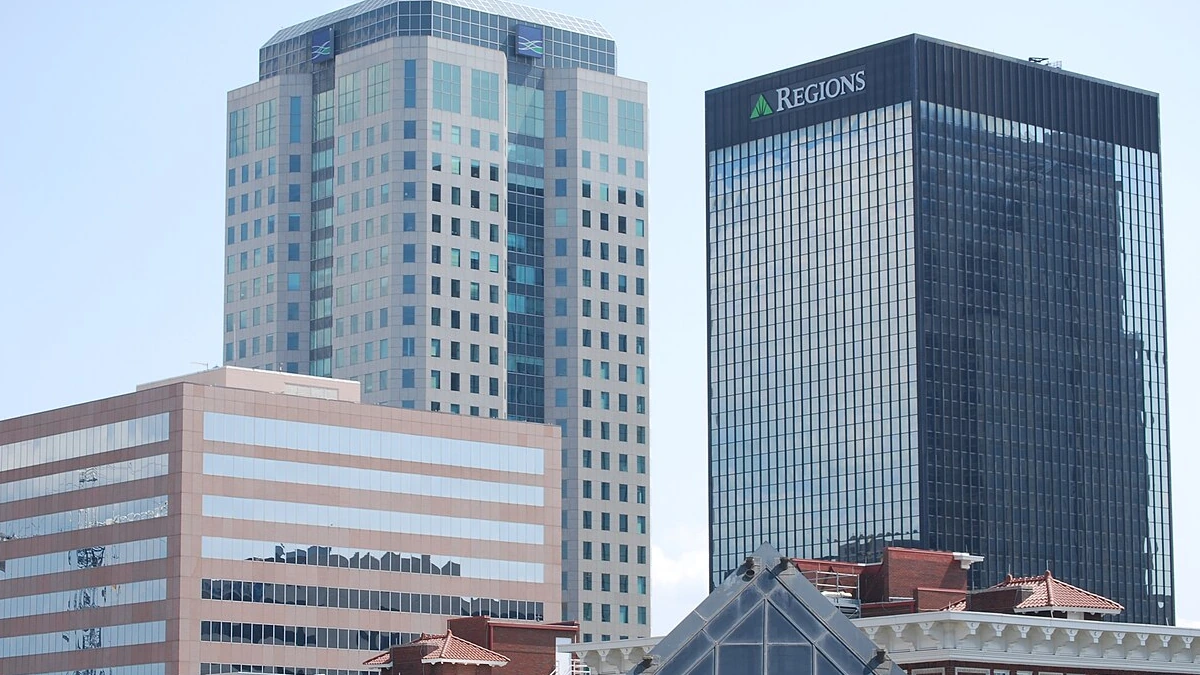 Downtown Birmingham buildings including the Regions Center with Regions signage visible.