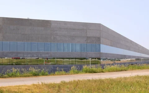 Exterior of Tesla Gigafactory Texas near Austin, with a large concrete factory facade and a glass-fronted lower level.