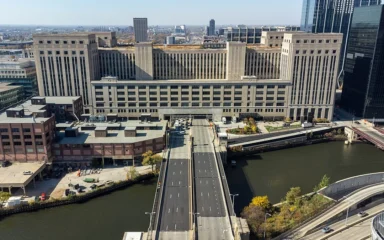 Aerial view of Chicago's Old Main Post Office and the Congress Parkway Bridge.