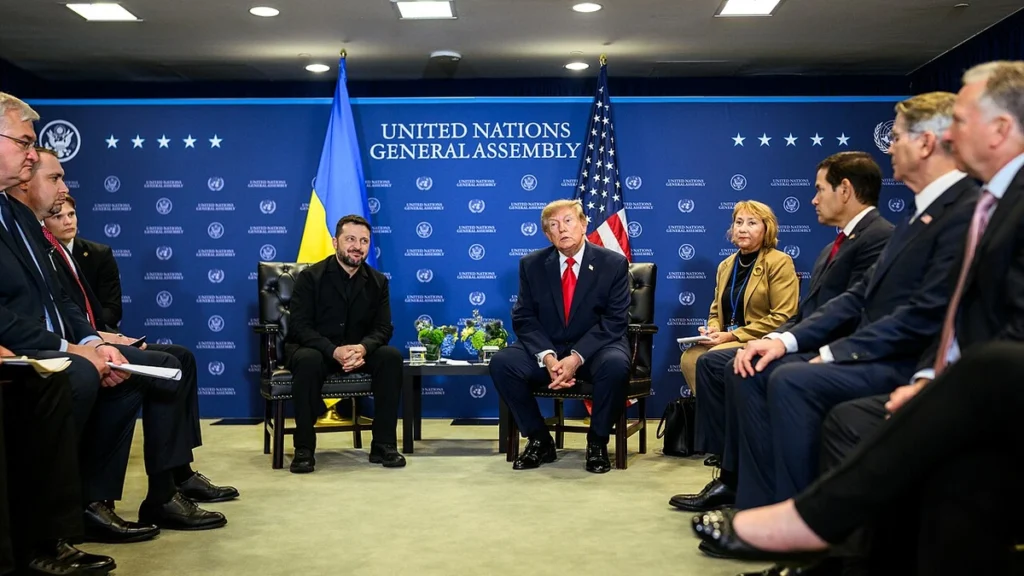 US President Donald Trump and Ukrainian President Volodymyr Zelenskyy seated at a meeting at the United Nations in September 2026.